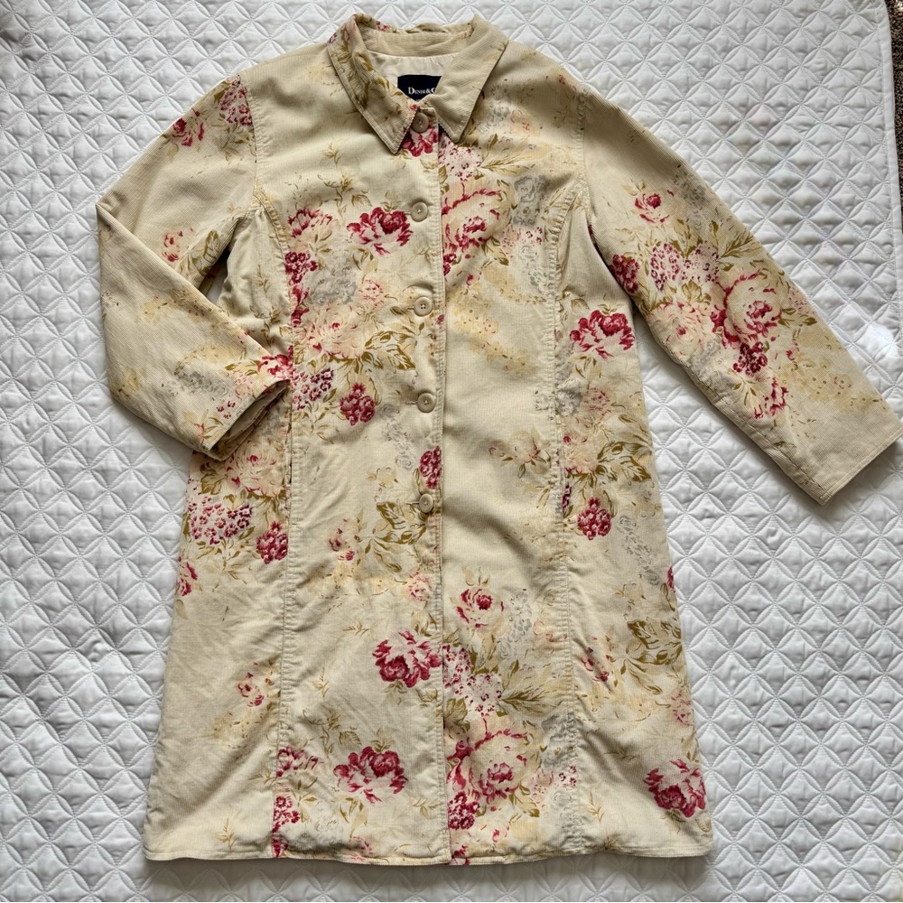 Denim&Co Floral Cream Pink Corduroy Button Down Trench Coat Longline Jacket SZ M